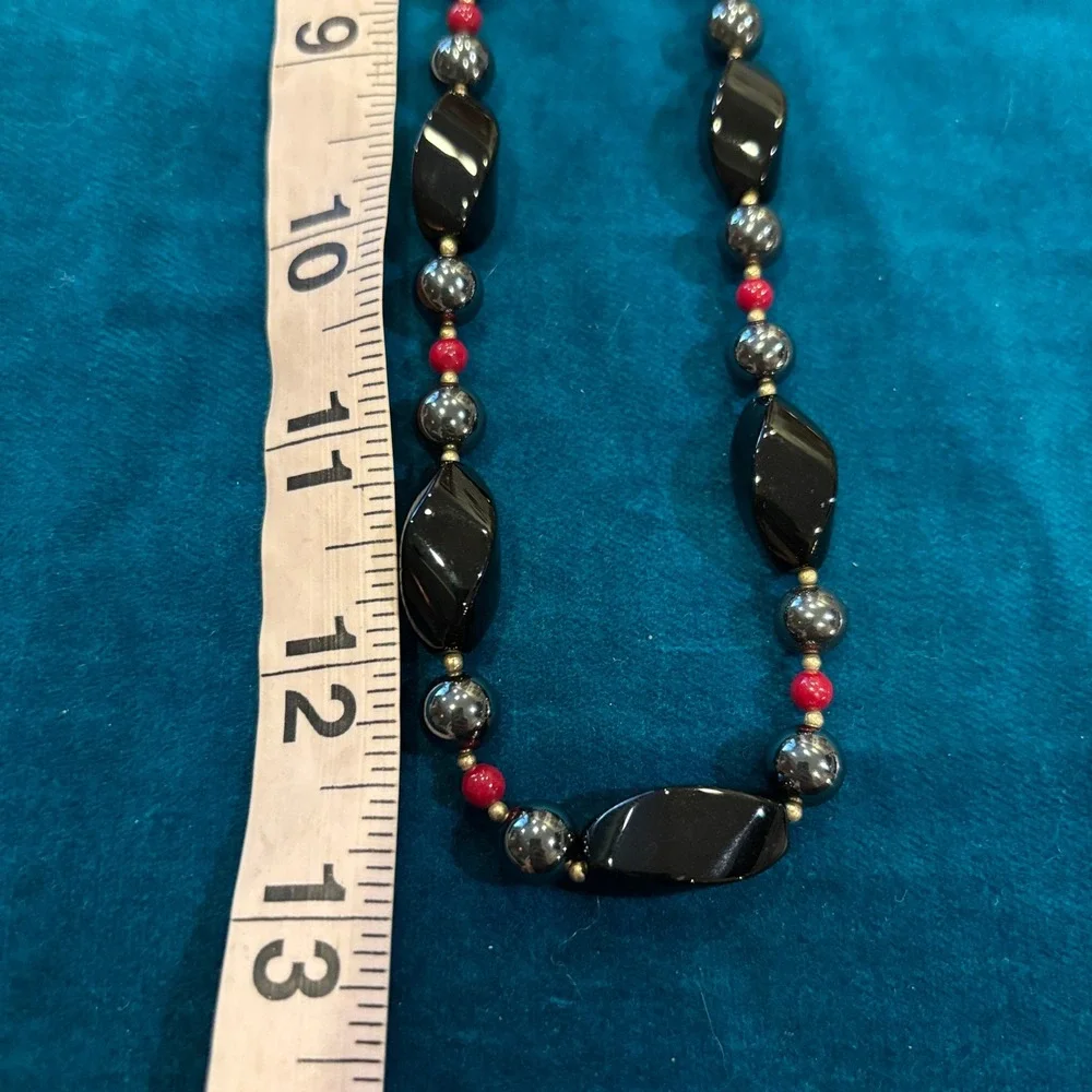 Hematite Black Twisted Bead and Red Accent Necklace Earring Set